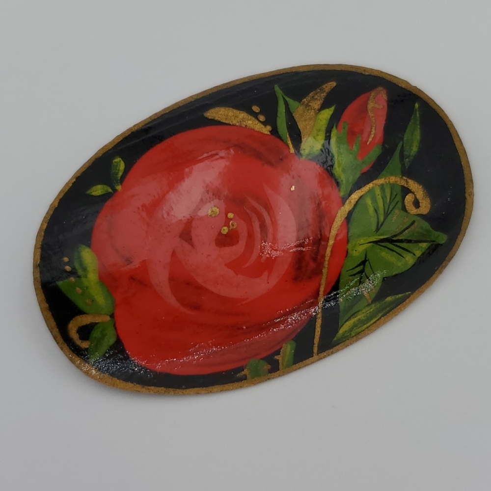 Russian Hand Painted Red Poppy or Rose Brooch
